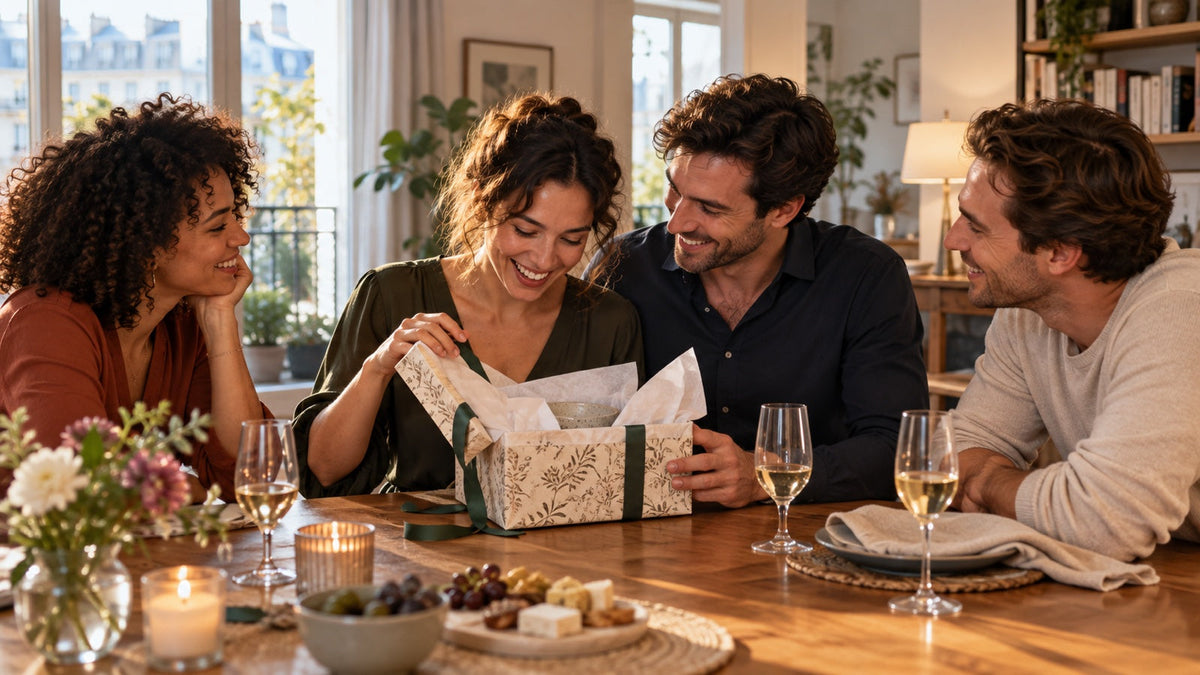 Couple découvrant un cadeau entouré de proches lors d’une célébration intime de PACS