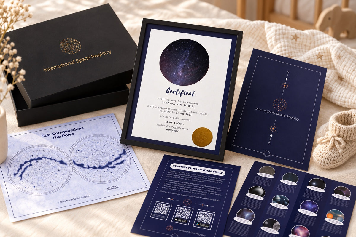Coffret Institut Stellaire ouvert avec certificat français, carte céleste et chausson de naissance