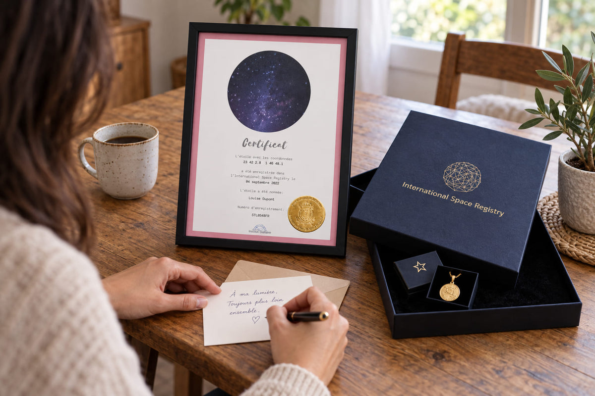 Coffret Institut Stellaire et certificat français encadré près d’une dédicace manuscrite
