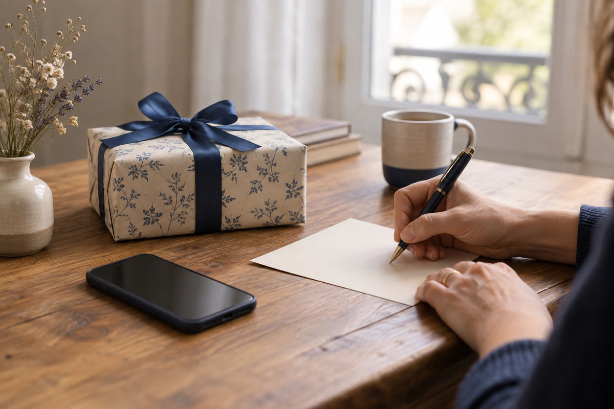 Personne préparant une carte et un cadeau avant de rendre visite à de jeunes parents