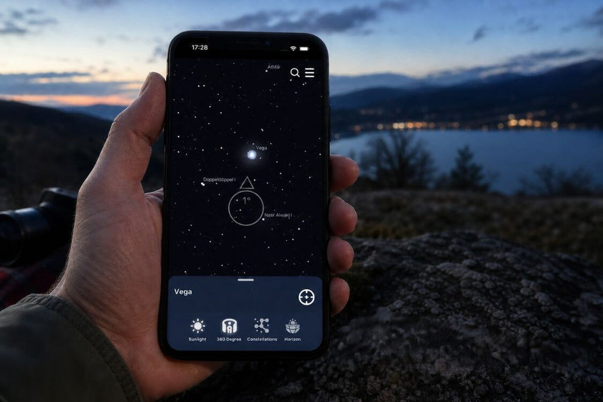 Application Universe Star Finder affichée devant un ciel au crépuscule